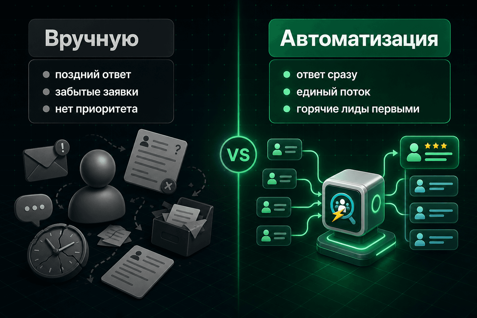 Сравнение ручной обработки заявок и автоматизации лидов