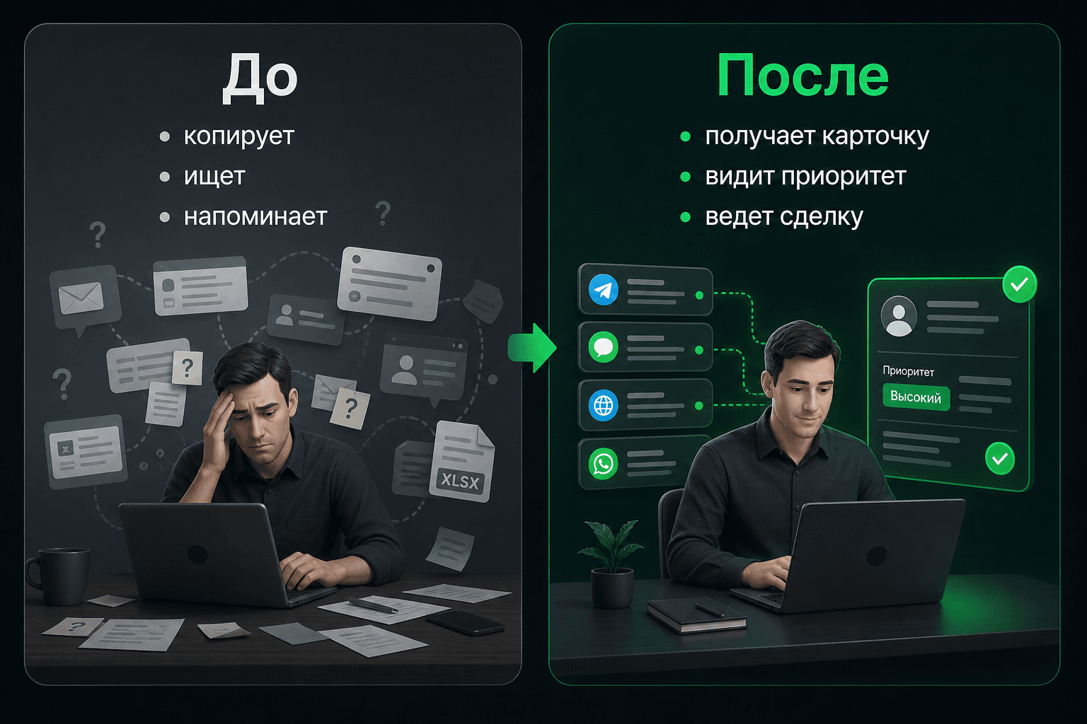 Сравнение работы менеджера до и после автоматизации